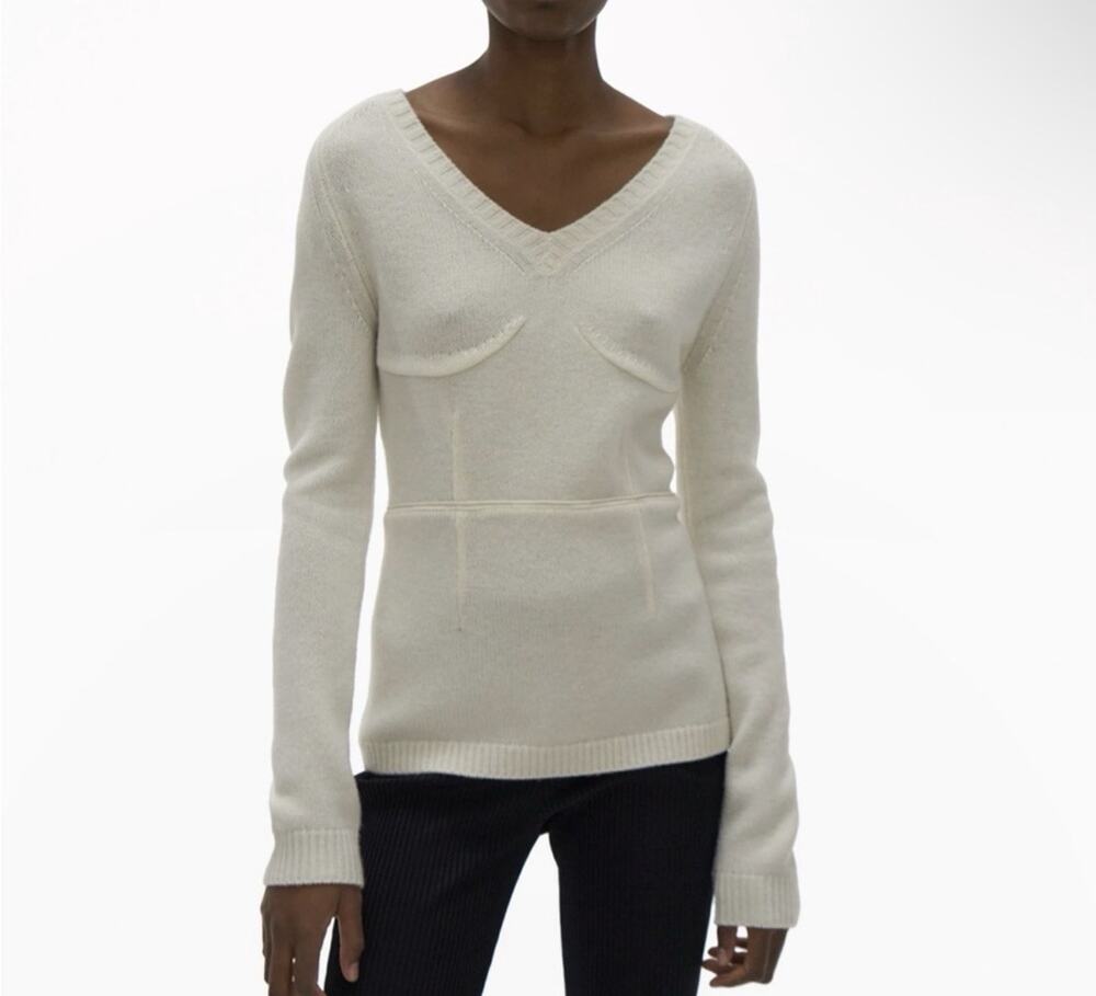 NWT Helmut Lang Back Zip V-Neck "Body Mapping" Wool Sweater Ivory Sz L